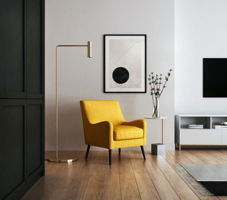 Home - brown wooden framed yellow padded chair